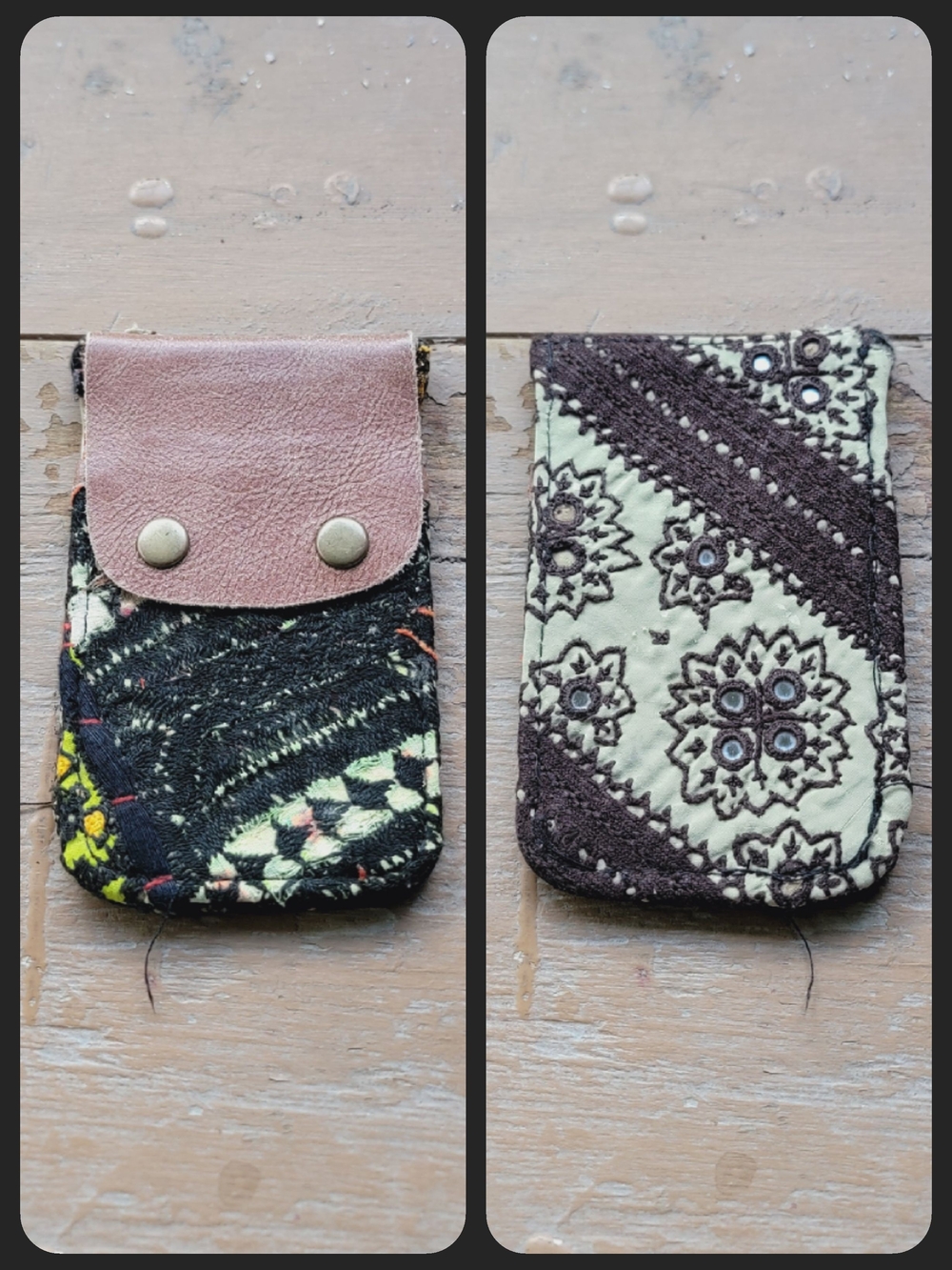 Free People embroidered banjara boho repurposed vtg leather wallet card case